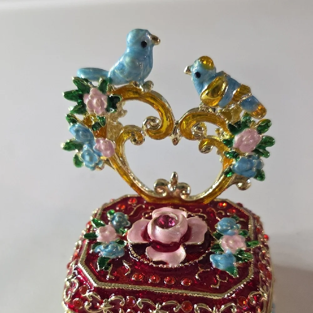 Elegant Red Enamel and Crystal Bird Trinket Box NWT